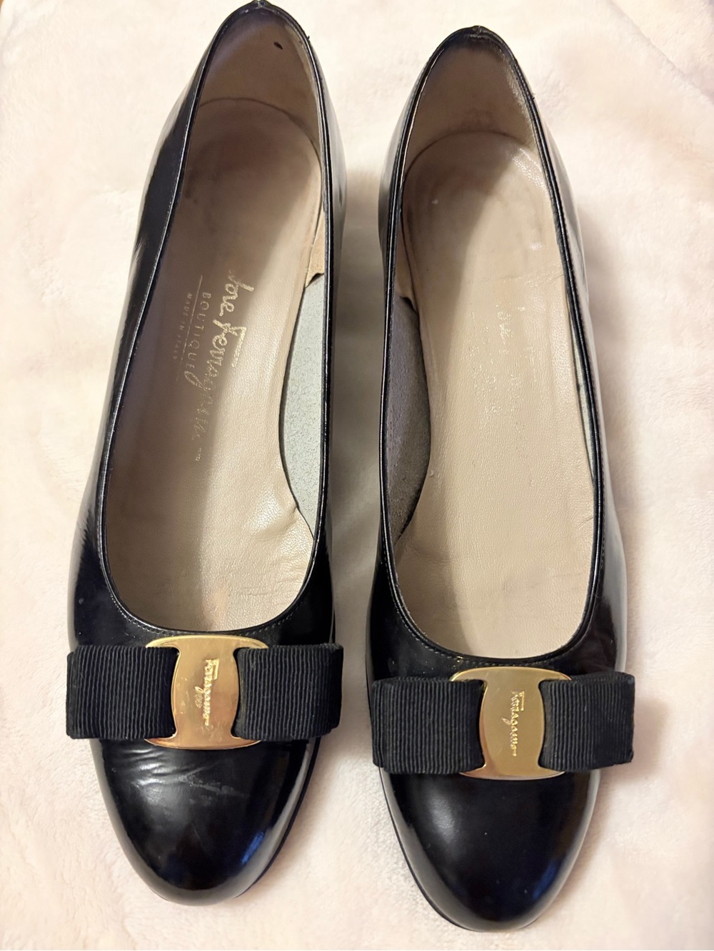 Salvatore Ferragamo Black Patent Vara Bow Flats with Gold Hardware